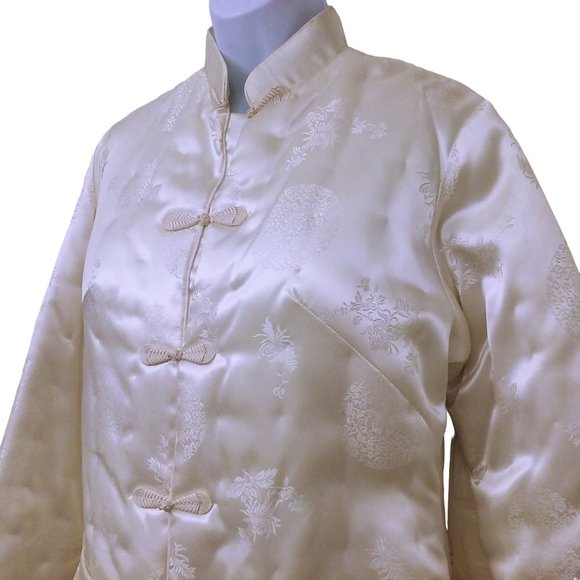 Vintage 80s NWT Fortune Quilted Jacket L Asian Brocade Pockets Frogs Satin Ivory - Picture 5 of 11